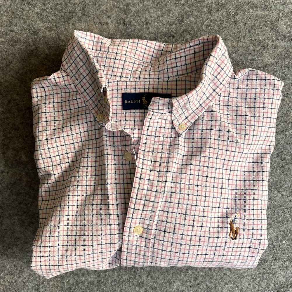 Ralph Lauren Shirt Mens XL White Button Down Blue Pink Stripes Flesh Pony Casual